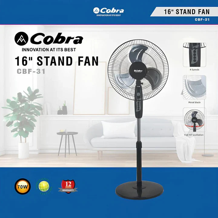 Cobra 16 Inch Stand Fan CBF-31, Black