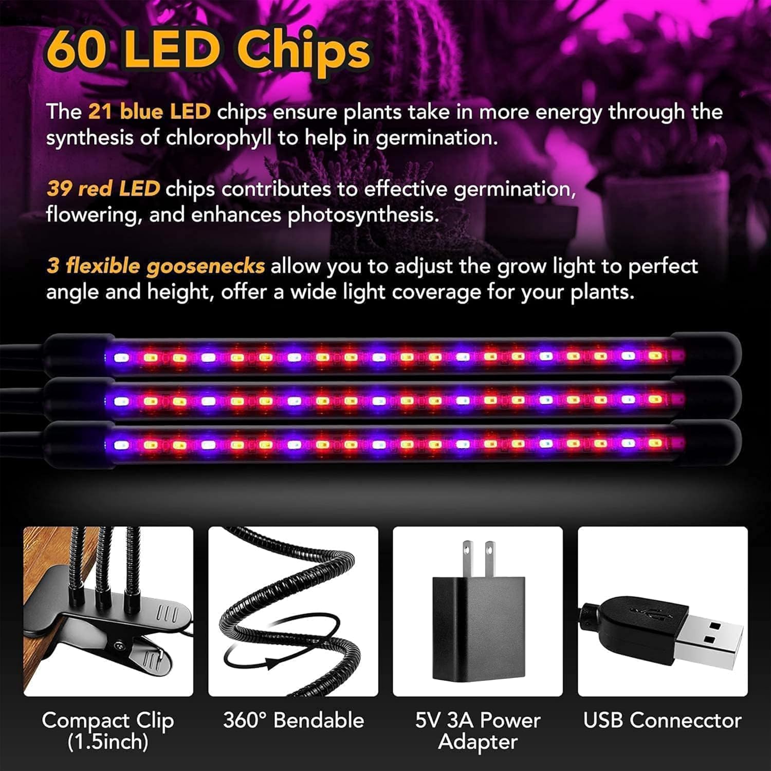 iPower 60 LED Grow Light with Full Spectrum for Indoor Plants, 3 Light Modes