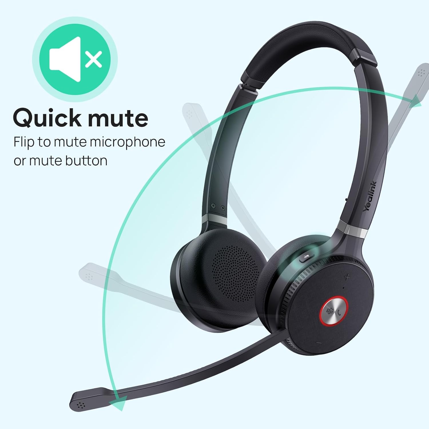 Yealink WH62 Wireless DECT Headphones Teams Certified, 160M Wireless Range - Black