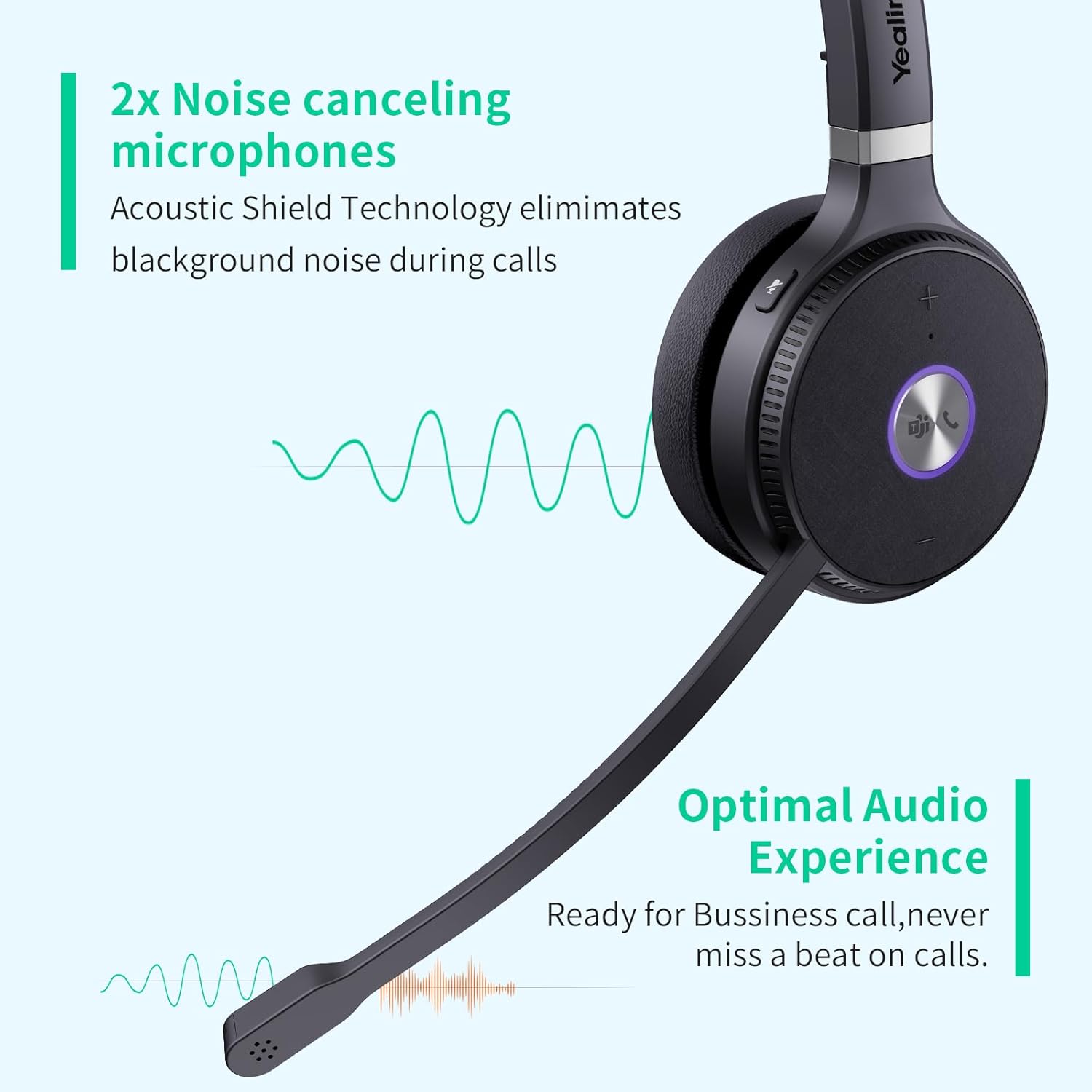 Yealink WH62 Wireless DECT Headphones Teams Certified, 160M Wireless Range - Black