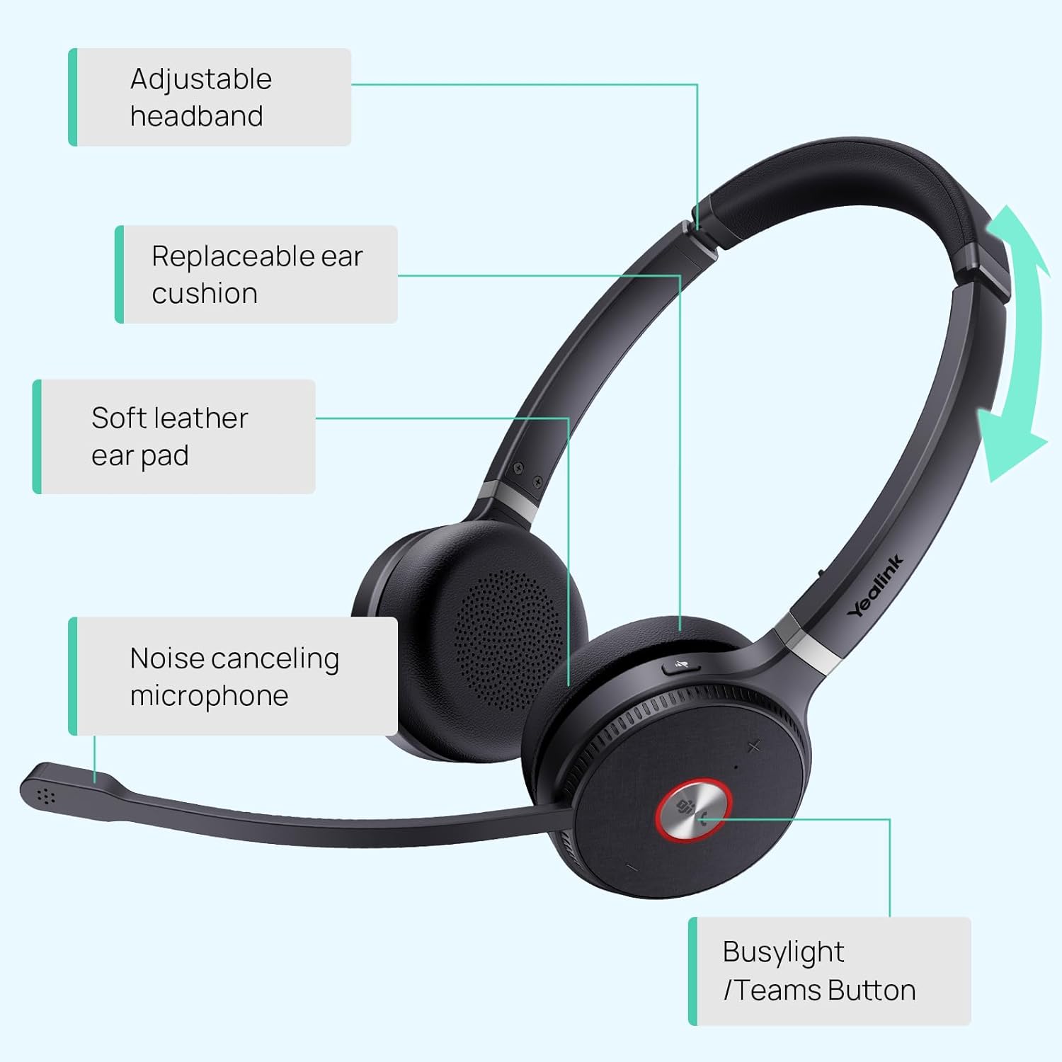 Yealink WH62 Wireless DECT Headphones Teams Certified, 160M Wireless Range - Black