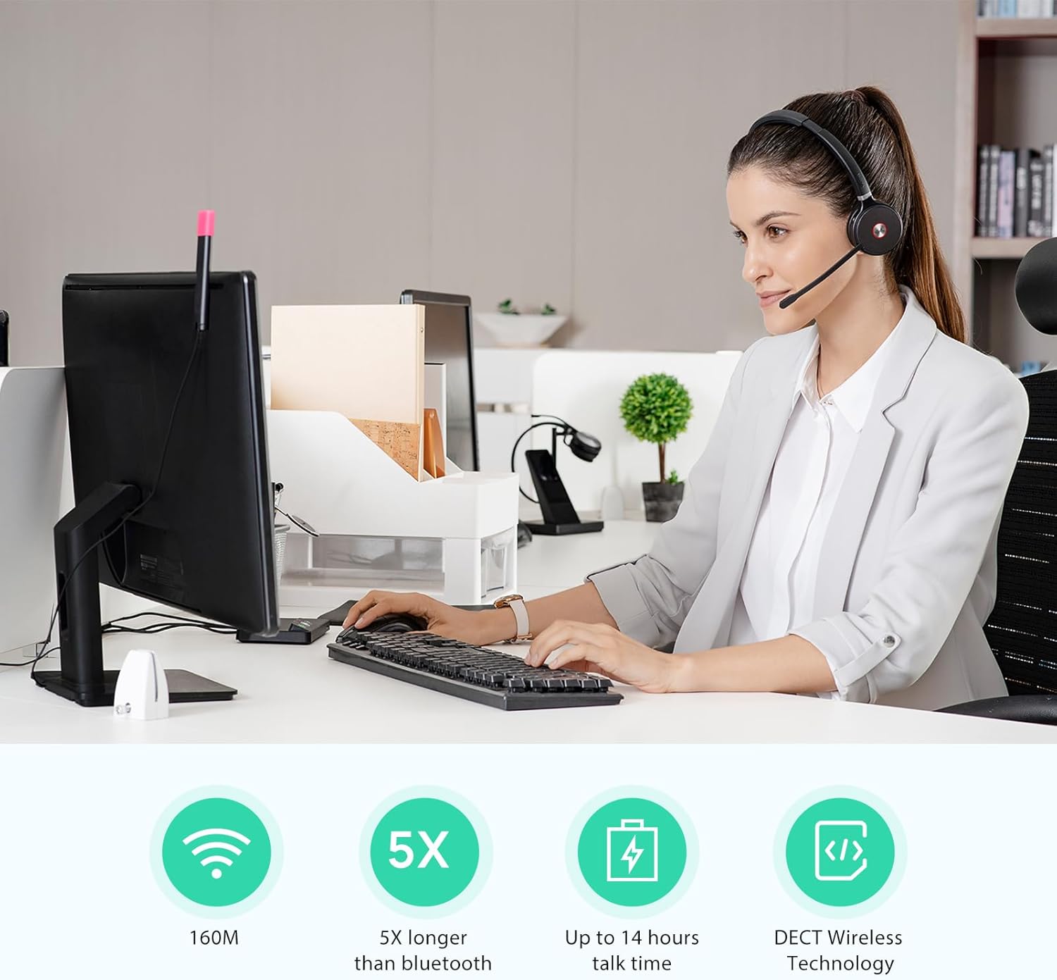 Yealink WH62 Wireless DECT Headphones Teams Certified, 160M Wireless Range - Black