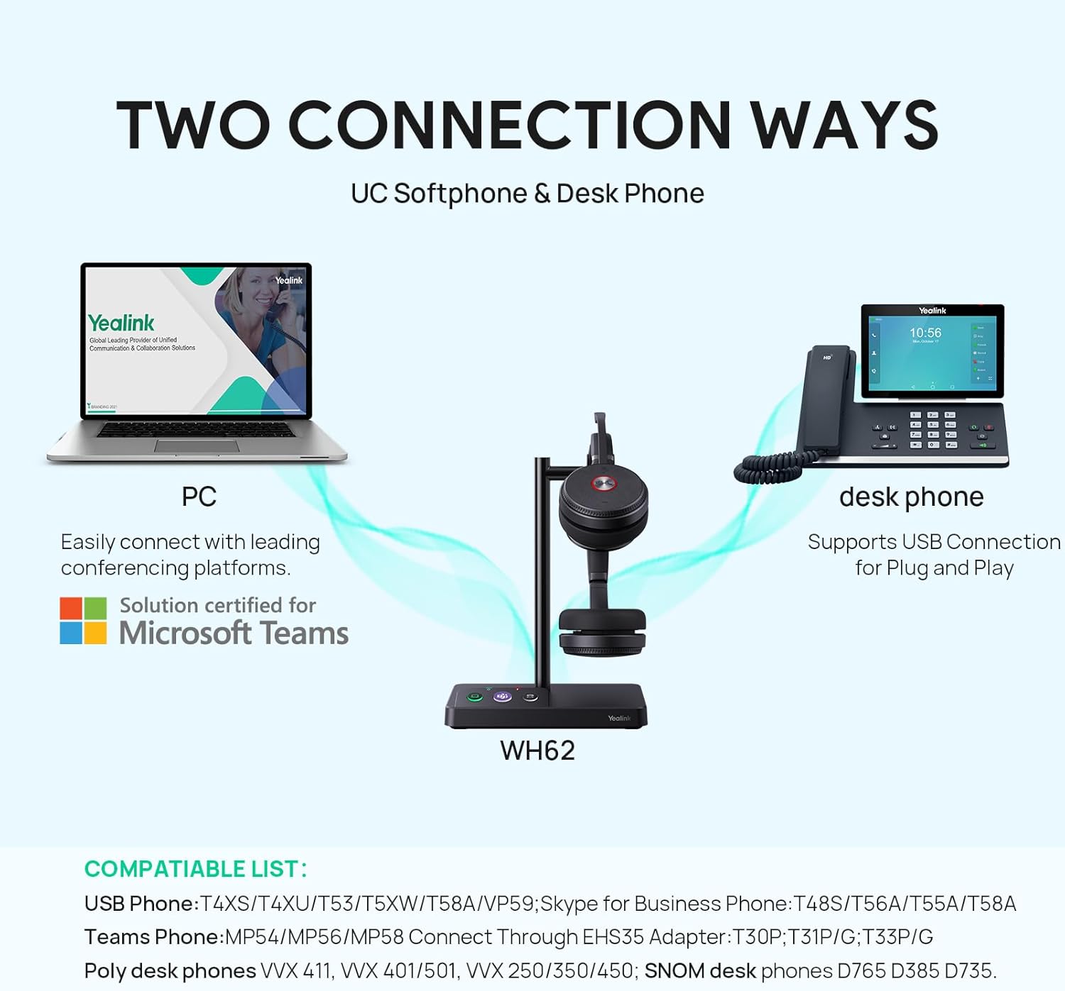 Yealink WH62 Wireless DECT Headphones Teams Certified, 160M Wireless Range - Black