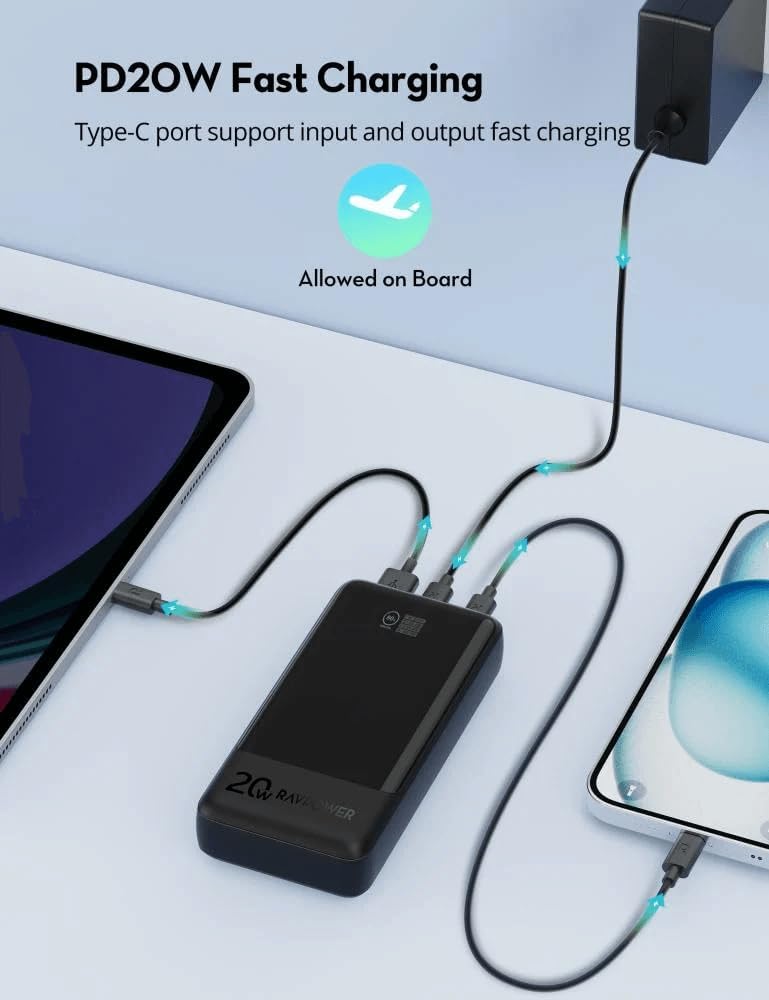 RAVPower RP-PB1238 PD20W Pioneer 20000mAh 3-Port Power Bank - Black