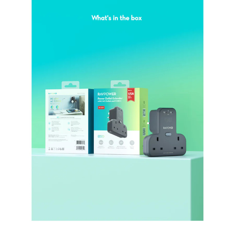 RAVPower RP-PC1065 GaN 45W Power Outlet Extender with 2 AC Outlets and 2 USB-C - Black