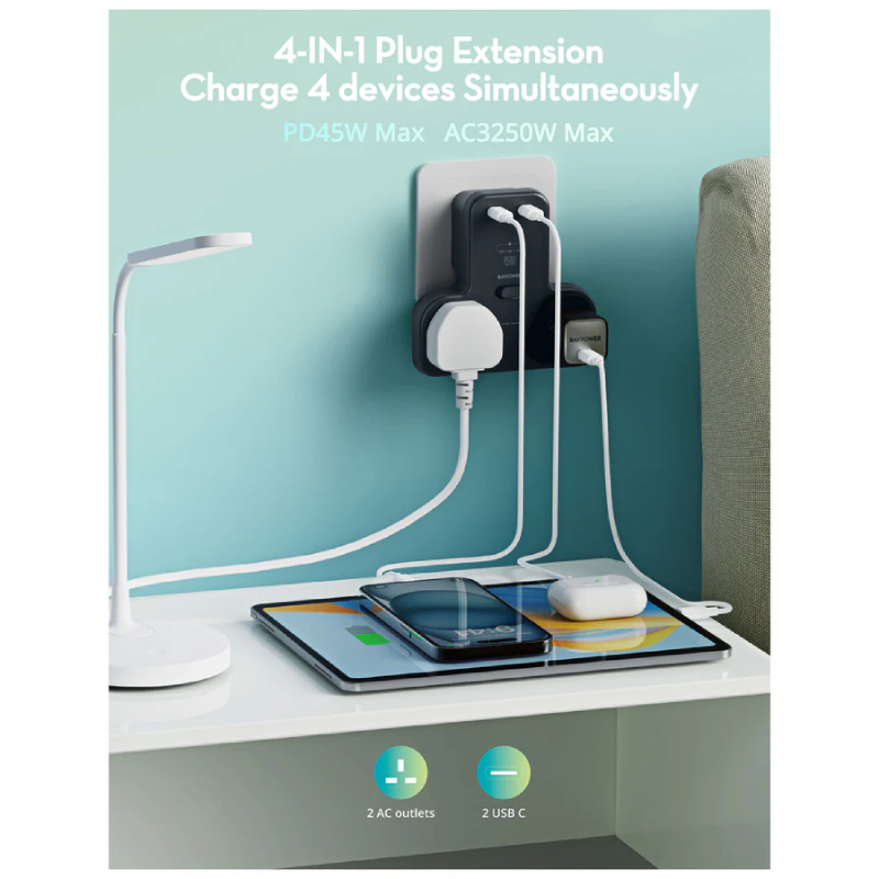 RAVPower RP-PC1065 GaN 45W Power Outlet Extender with 2 AC Outlets and 2 USB-C - Black