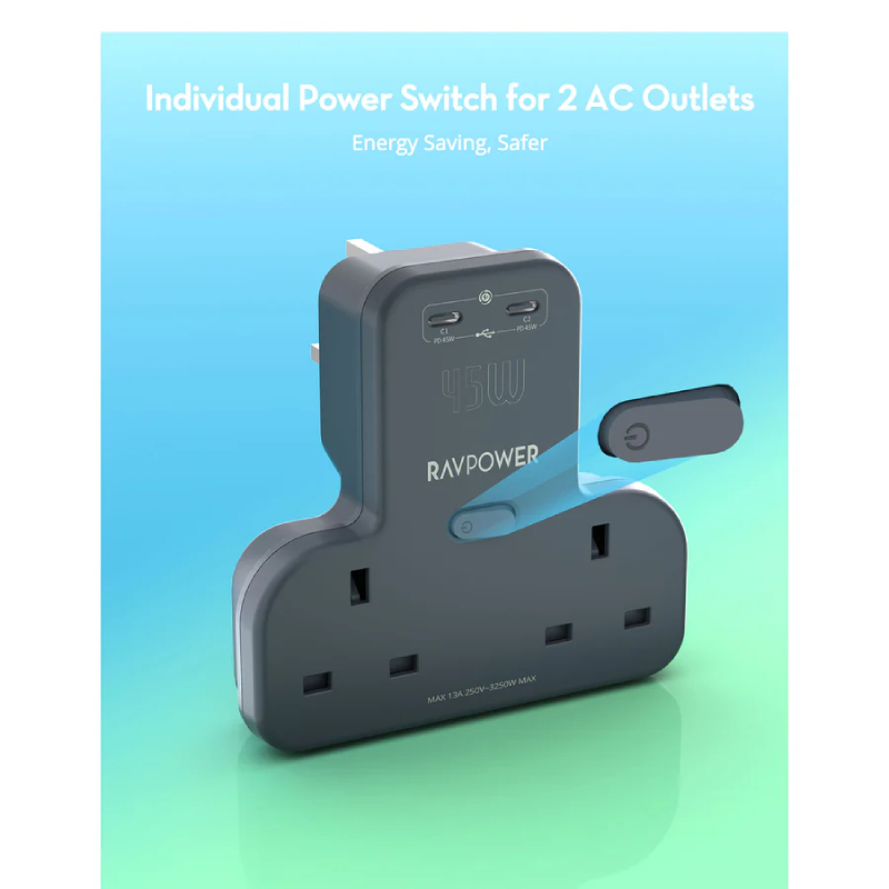 RAVPower RP-PC1065 GaN 45W Power Outlet Extender with 2 AC Outlets and 2 USB-C - Black