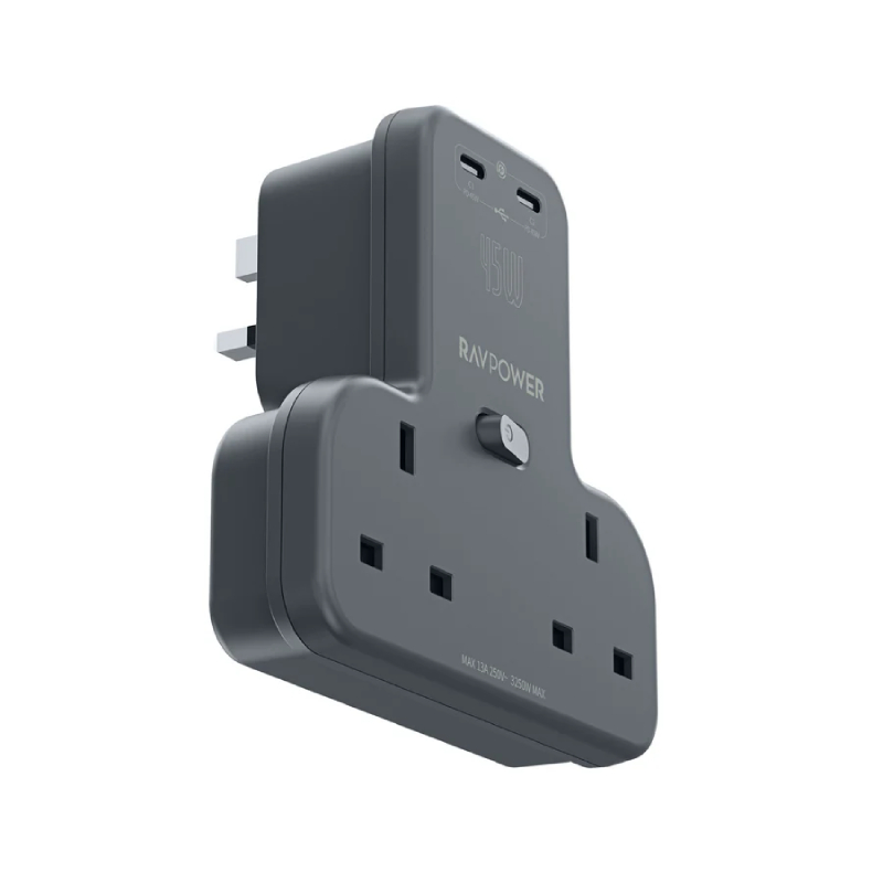 RAVPower RP-PC1065 GaN 45W Power Outlet Extender with 2 AC Outlets and 2 USB-C - Black