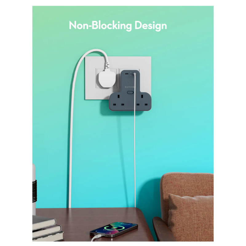 RAVPower RP-PC1065 GaN 45W Power Outlet Extender with 2 AC Outlets and 2 USB-C - Black