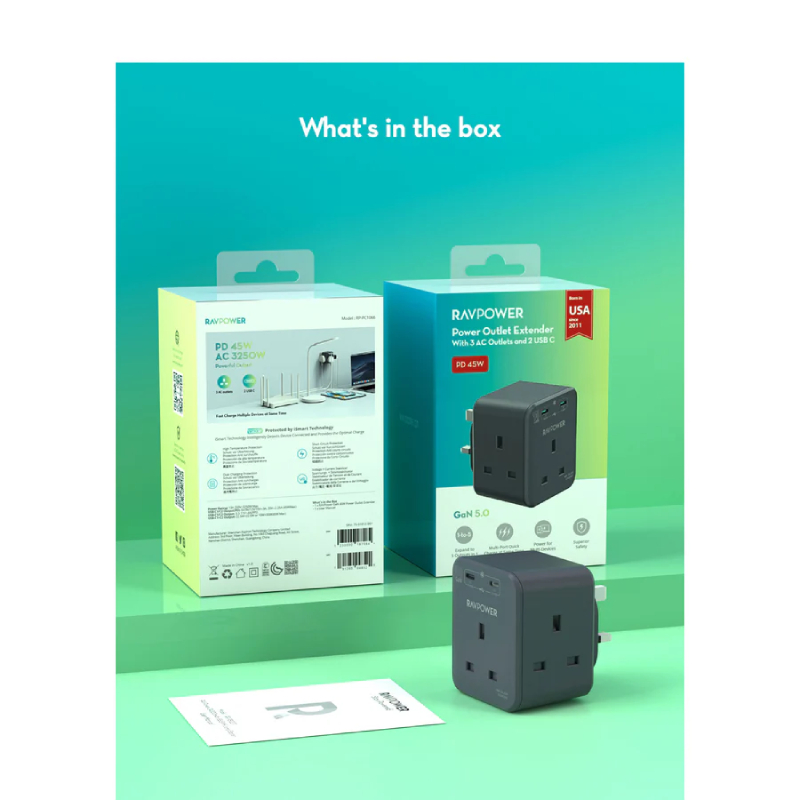 RAVPower RP-PC1066 GaN 45W Power Outlet Extender with 3 AC Outlets and 2 USB-C - Black