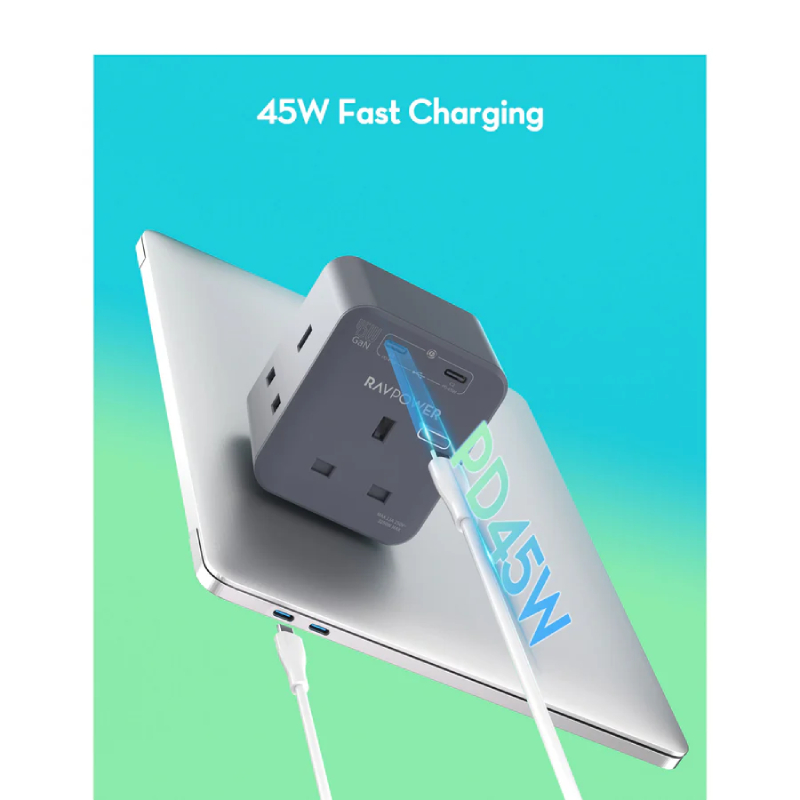 RAVPower RP-PC1066 GaN 45W Power Outlet Extender with 3 AC Outlets and 2 USB-C - Black