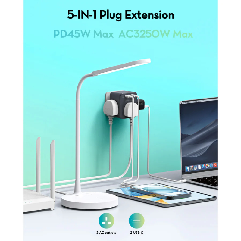 RAVPower RP-PC1066 GaN 45W Power Outlet Extender with 3 AC Outlets and 2 USB-C - Black