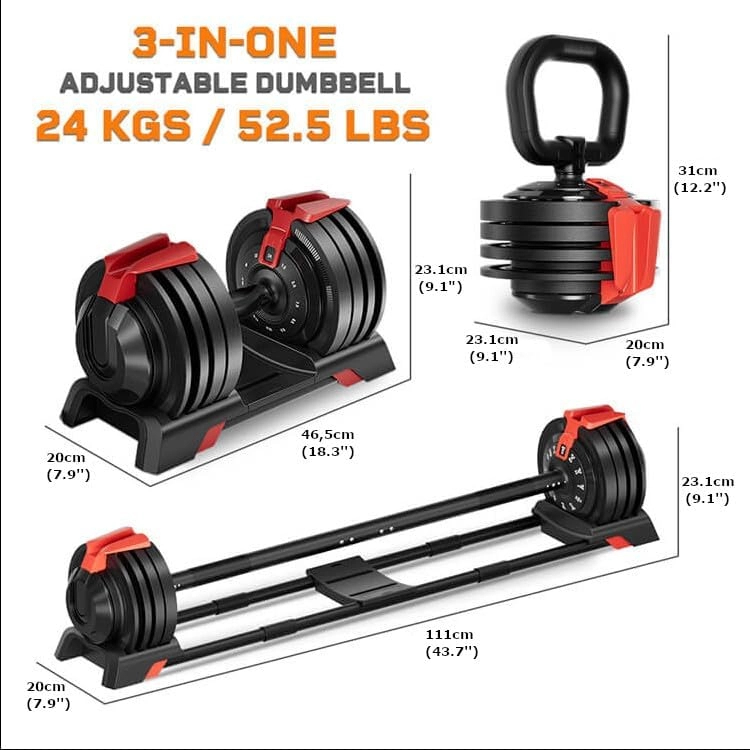 King Smith 24KG adjustable dumbbell, kettlebell, barbell 3-in-1 - Black