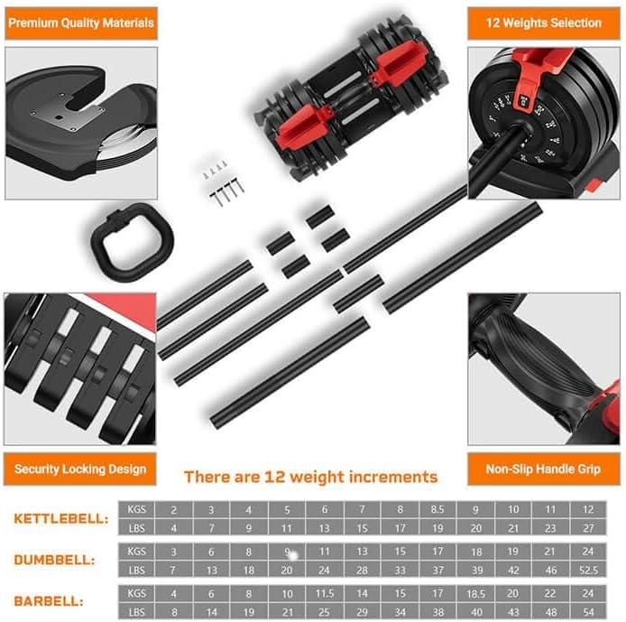 King Smith 24KG adjustable dumbbell, kettlebell, barbell 3-in-1 - Black