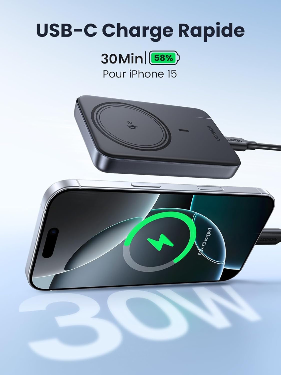 UGreen 10000mAh 30W Magnetic Wireless Qi2 Power Bank - Space Gray