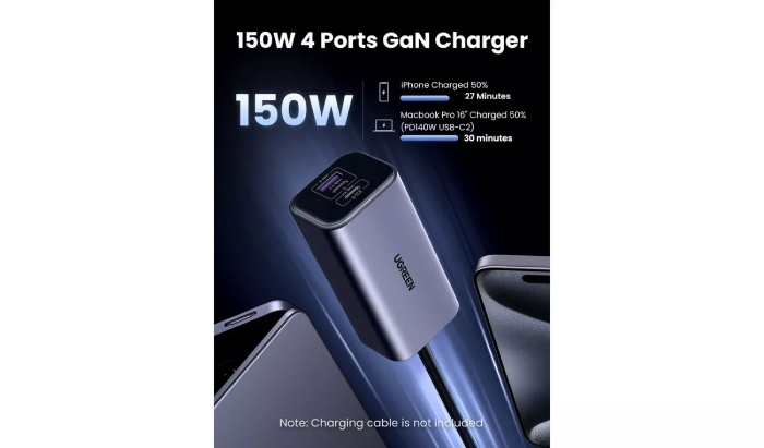 UGreen 150W 4-Port GaN Fast Car Charger - Space Grey
