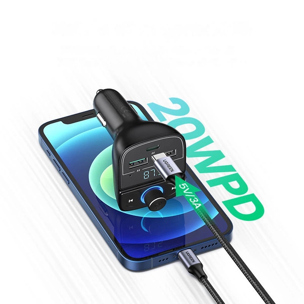 UGreen Bluetooth Car Charger 3-Port, 5.0+PD+QC3.0+USB Flash Drive+TF - Black