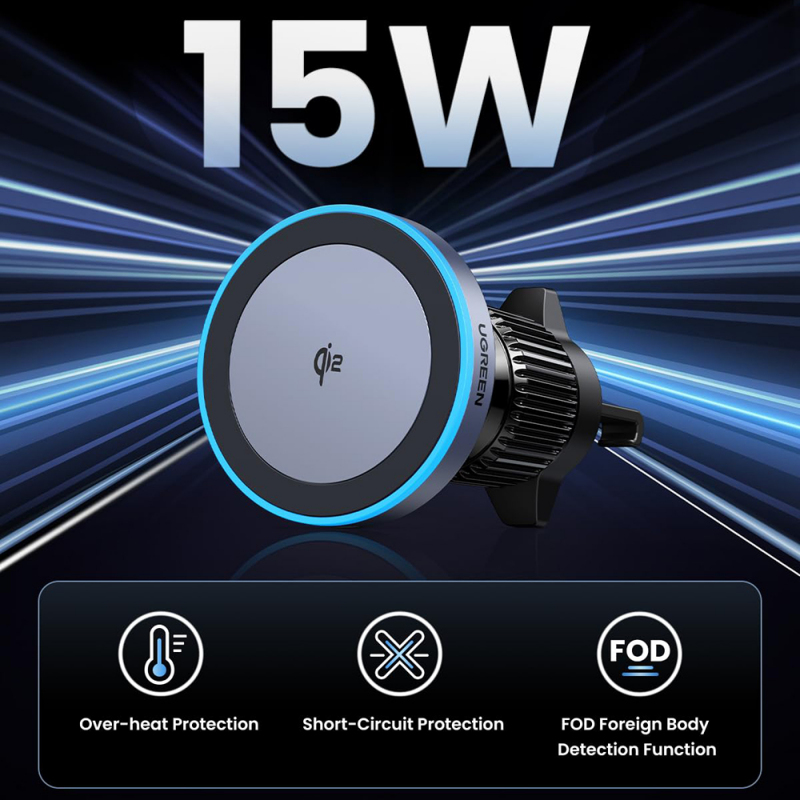 UGreen Magnetic Car Wireless Charger, Black - 15W