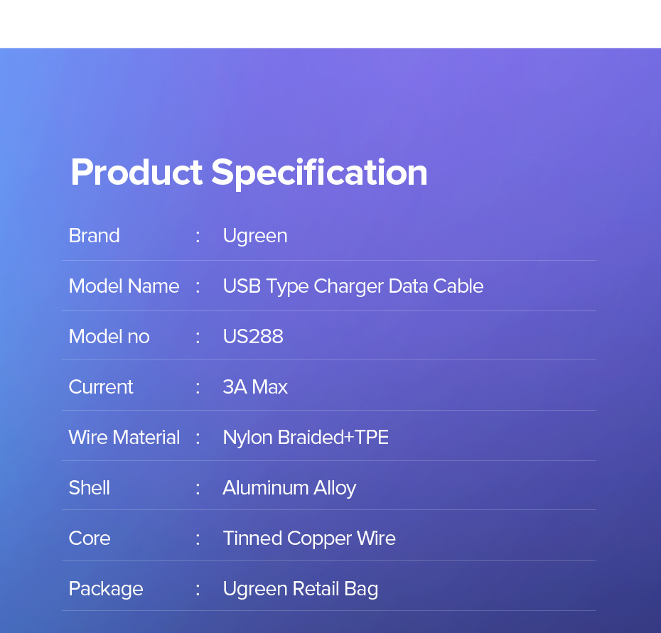 UGreen USB-A 2.0 to USB-C Cable Nickel Plating Aluminum Braid 1.5m - Black