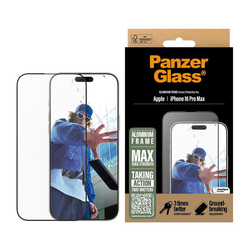 PanzerGlass Alum Frame Screen Protector iPhone 16 Pro Max, Ultra-Wide Fit - Clear
