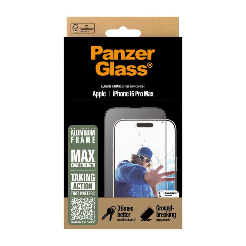 PanzerGlass Alum Frame Screen Protector iPhone 16 Pro Max, Ultra-Wide Fit - Clear