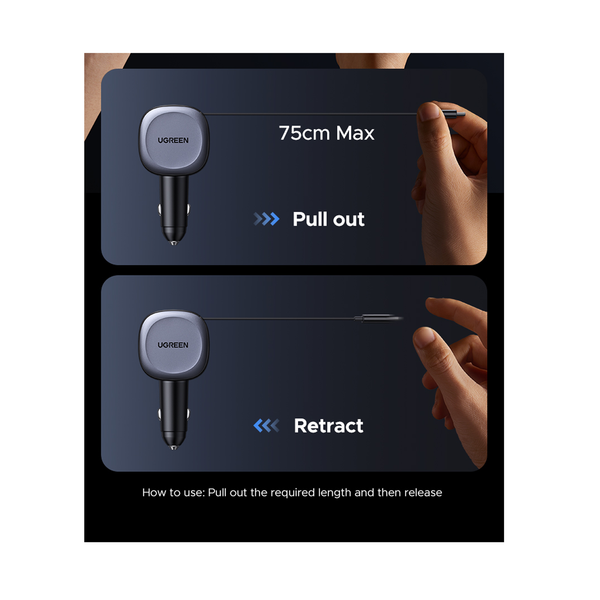 UGreen 75W Fast Car Charger with Retractable Cable Type C - Space Grey