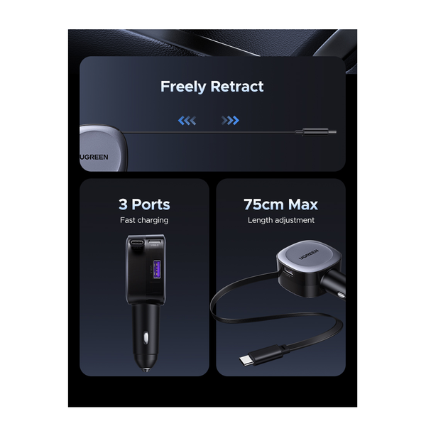 UGreen 75W Fast Car Charger with Retractable Cable Type C - Space Grey