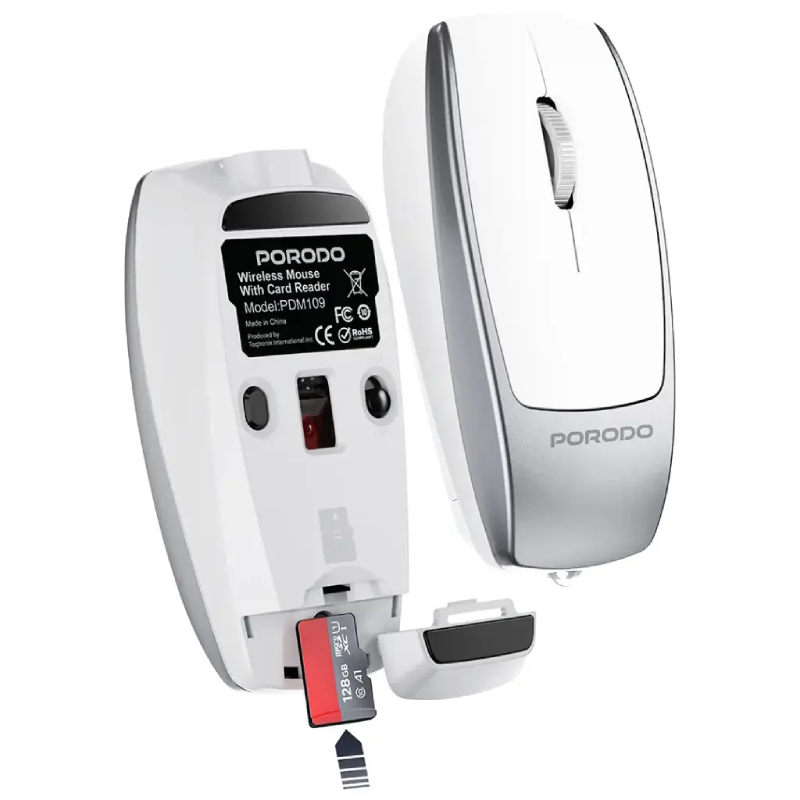 Porodo Wireless Mouse 1600DPI with Card Reader - Silver