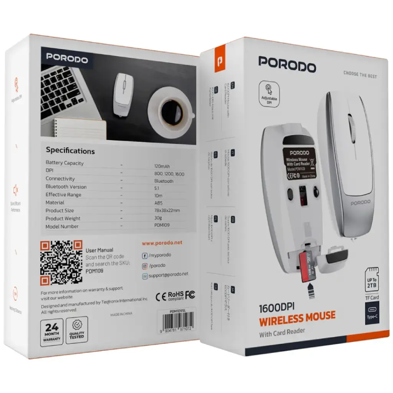 Porodo Wireless Mouse 1600DPI with Card Reader - Silver