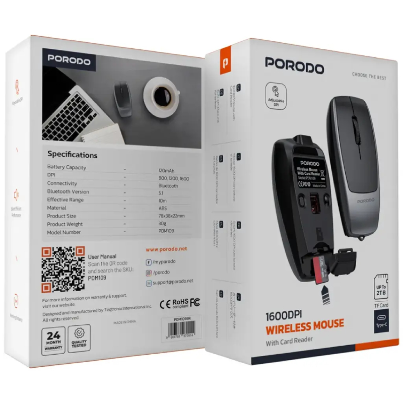 Porodo Wireless Mouse 1600DPI with Card Reader - Black