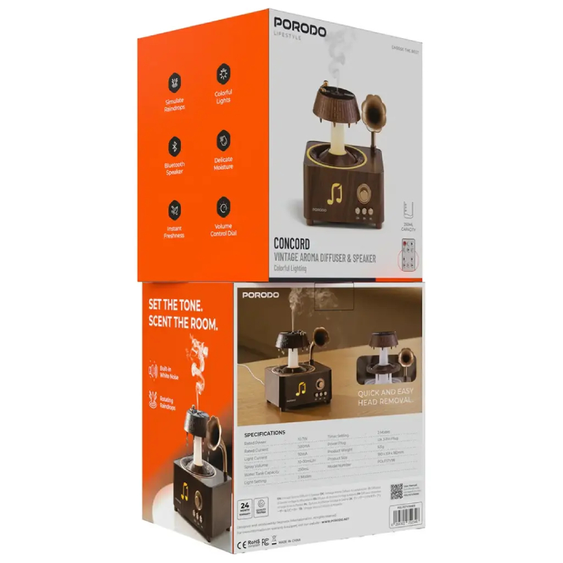 Porodo Lifestyle Concord Vintage Aroma Diffuser & Speaker - Brown