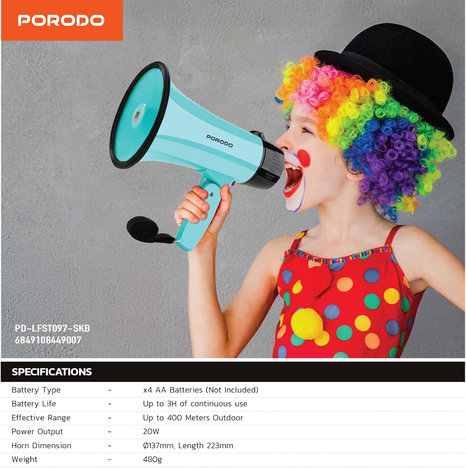 Porodo Recorder Kids Megaphone, Multi-Mode Functionality - Sky Blue