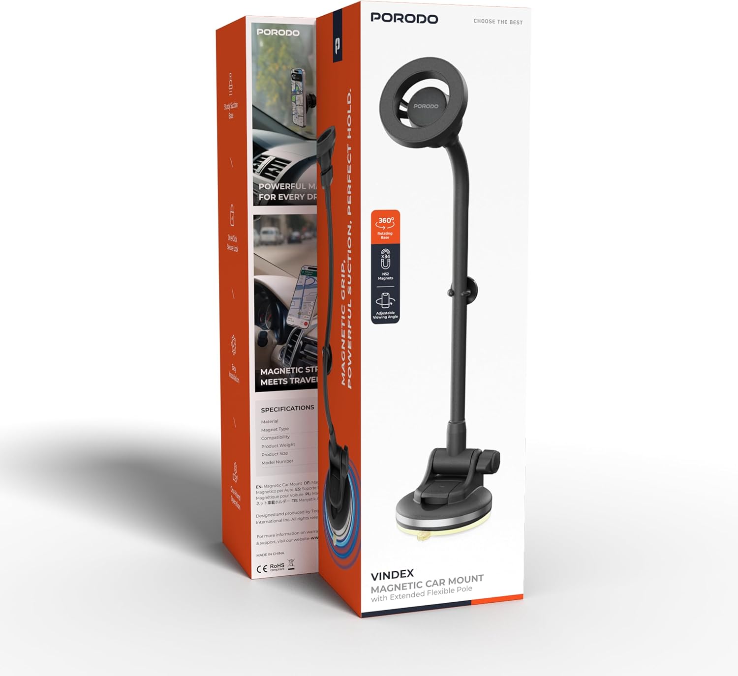 Porodo Vindex Magnetic Car Mount with Extended Flexible Pole - Black