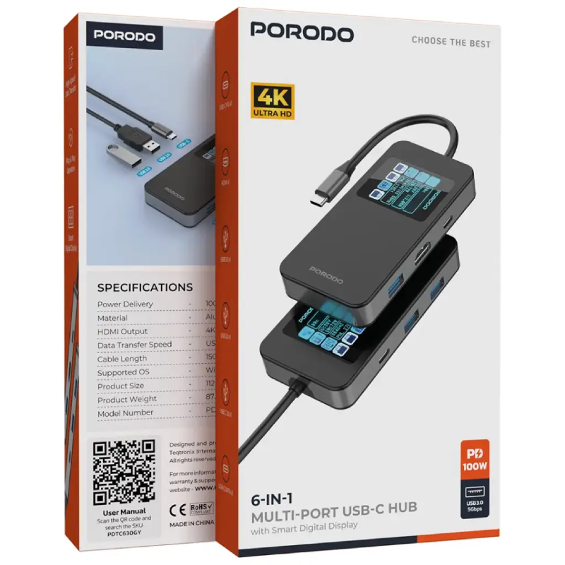 Porodo 6-in-1 Multi-Port USB-C Hub - Black