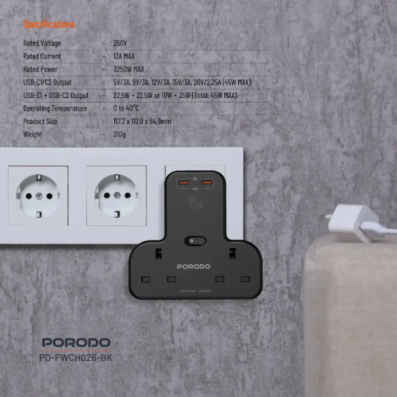 Porodo Multi-Port Wall Socket - Black