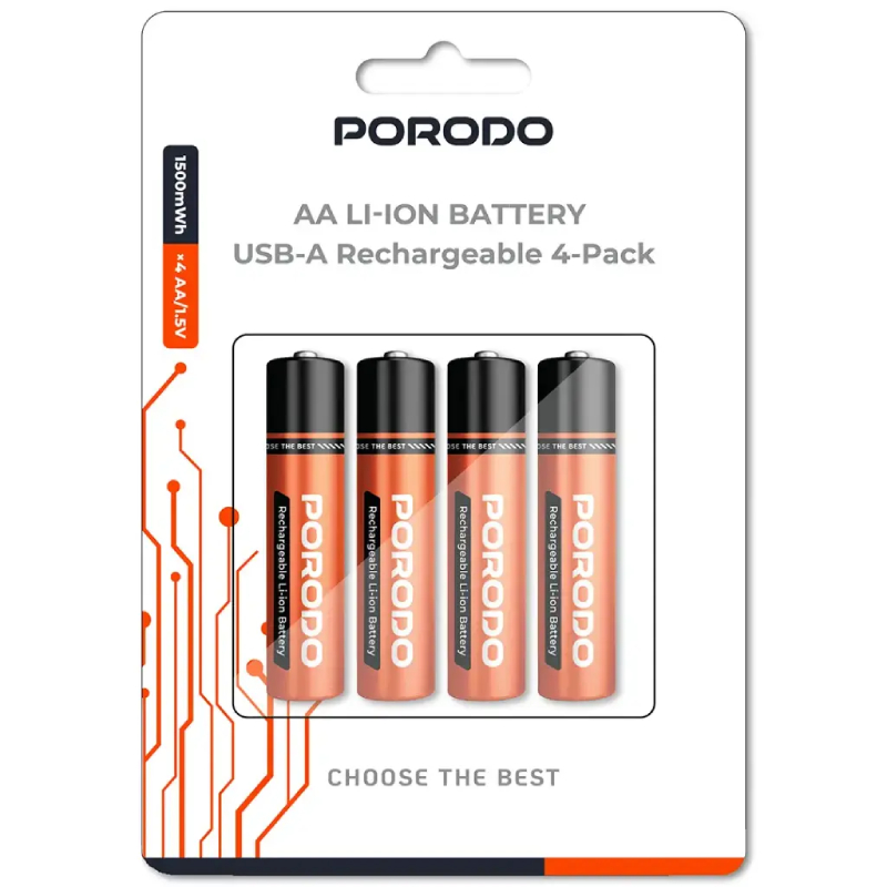 Porodo AA LI-ION Battery USB-A Rechargeable 4-Pack - Orange