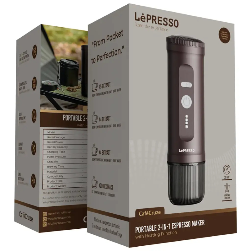 LePresso Portable 2-IN-1 Espresso Maker, 95W Power - Brown