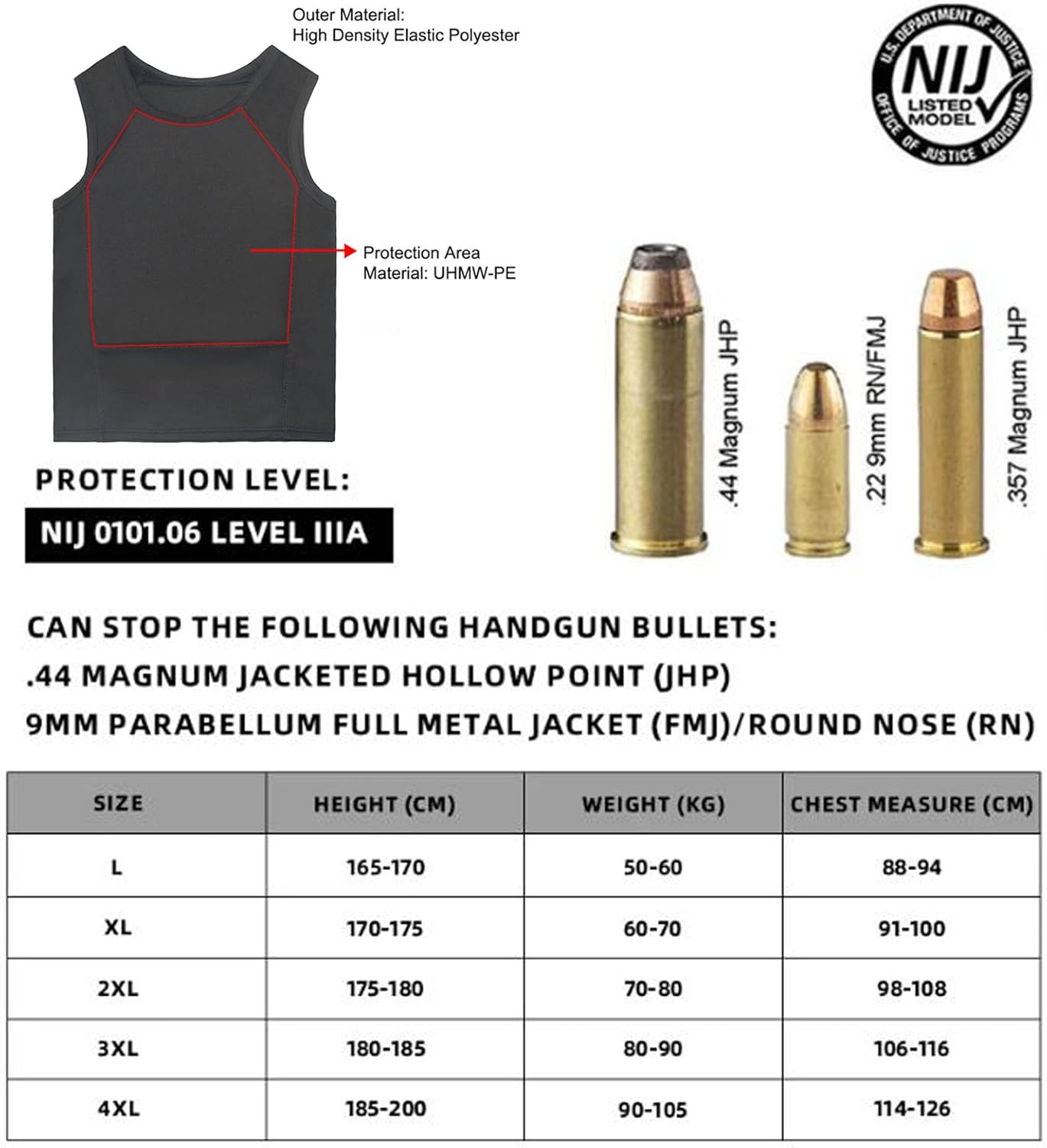 Bulletproof Vest Level IIIA - Soft Ballistic Base Layer Shirt With UHMW-PE Inserts, White - XXL