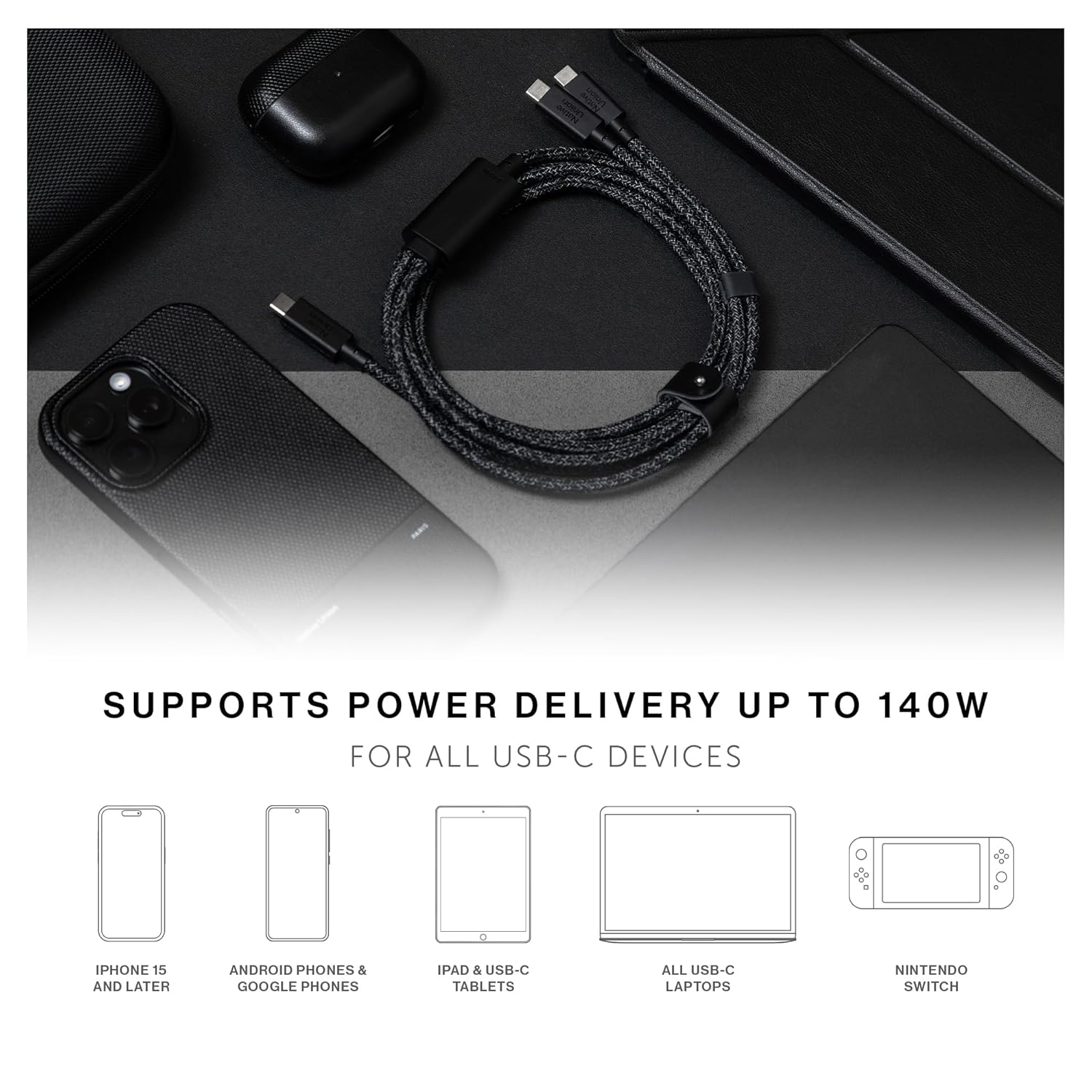Native Union Belt Cable C TO 2C, Multi-Device High Speed Charging - 2M 140W - Black