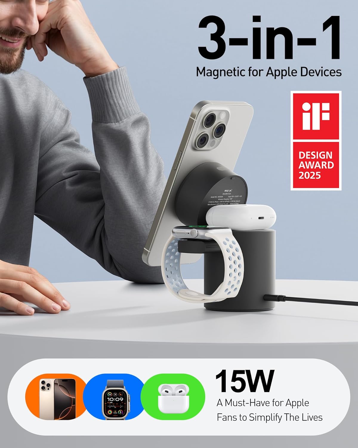 iWalk StandMe Auto, 15W Foldable 3-in-1 Wireless Charging Stand with Auto Rotation- Black