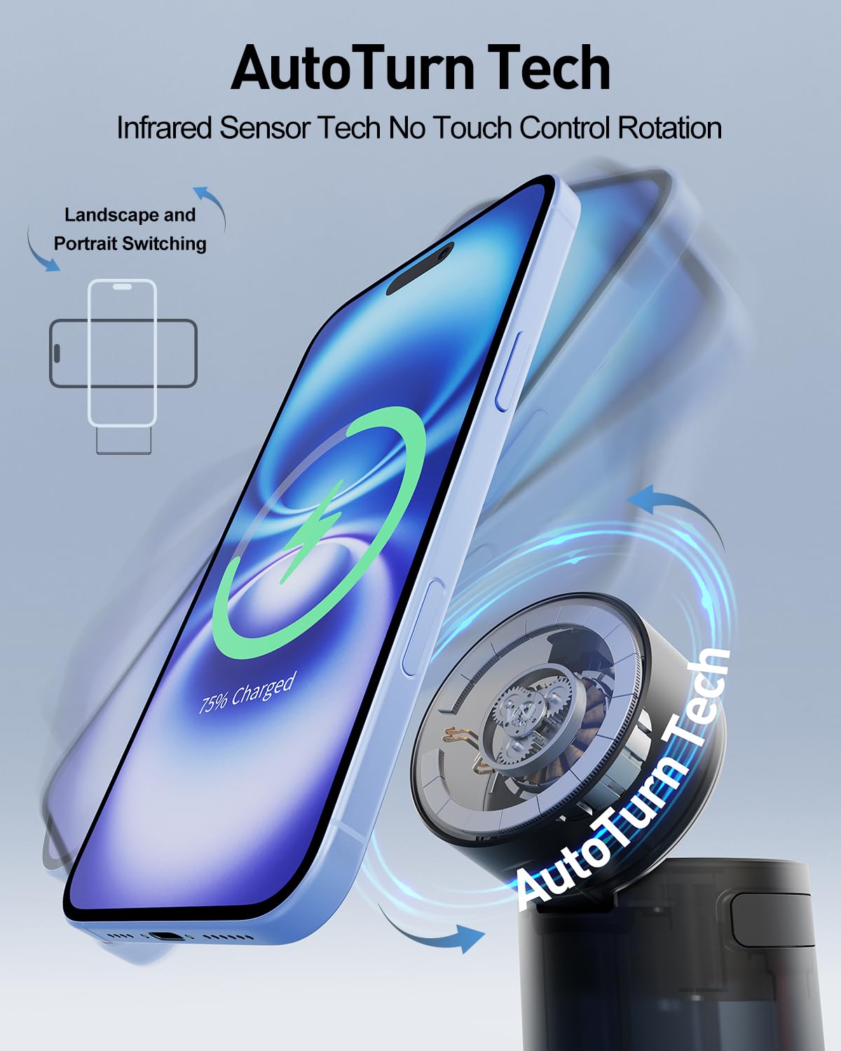 iWalk StandMe Auto, 15W Foldable 3-in-1 Wireless Charging Stand with Auto Rotation- Black
