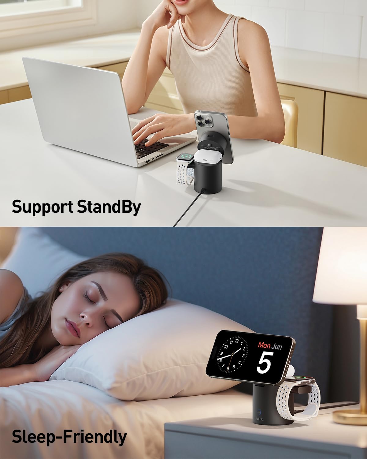 iWalk StandMe Auto, 15W Foldable 3-in-1 Wireless Charging Stand with Auto Rotation- Black