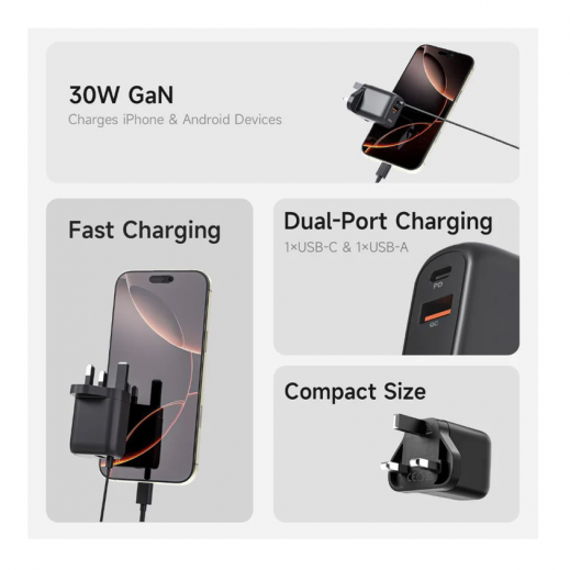 iWalk Leopard GAN 30W- 1AC, 35W Fast charging, USB-A & USB-C Dual Port Charger - Black