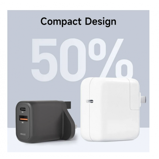 iWalk Leopard GAN 30W- 1AC, 35W Fast charging, USB-A & USB-C Dual Port Charger - Black