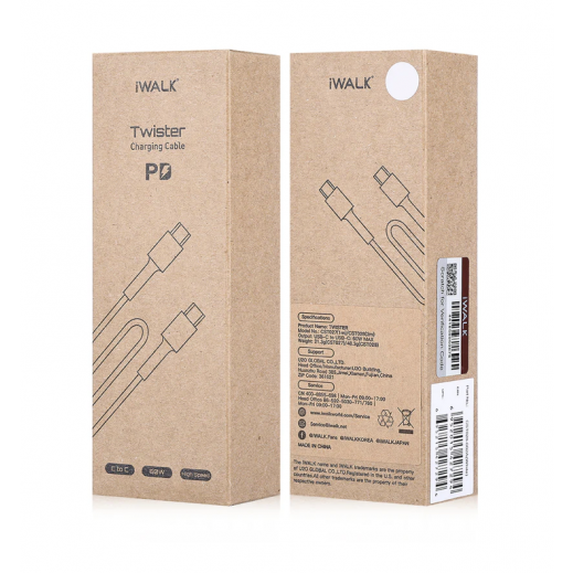 iWalk Twister Type-C to Type-C 60W Charging Cable, Length - 2M - White