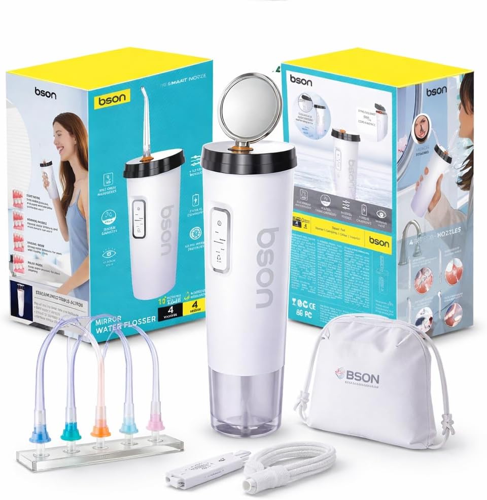 Bson Water Flosser With Mirror with 4 Modes and 4 Replaceable Jet Tips - White