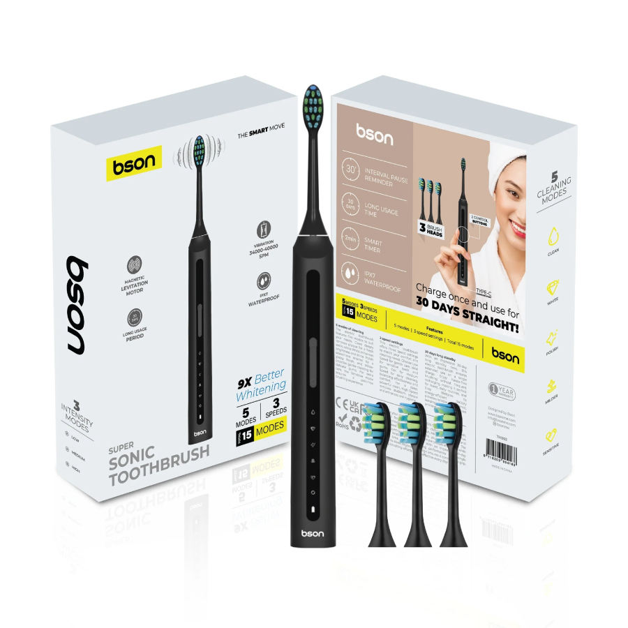 Bson Wireless Sonic Toothbrush, 9X Better Whitening, 30-Day Battery Life - Black