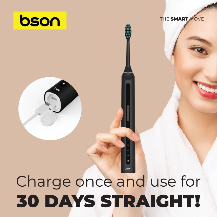 Bson Wireless Sonic Toothbrush, 9X Better Whitening, 30-Day Battery Life - Black