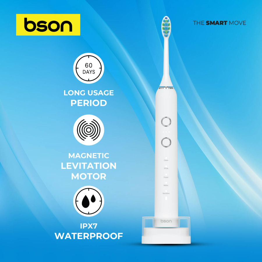 Bson Wireless Sonic Toothbrush with 10X Better Whitening, Wireless Charging - White