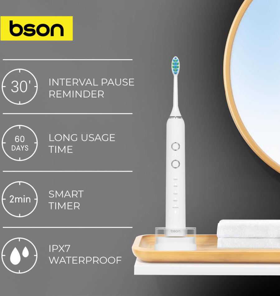 Bson Wireless Sonic Toothbrush with 10X Better Whitening, Wireless Charging - White